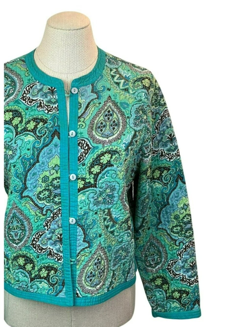 Reversible Quilted Button Front Jacket Womens Medium Turquoise PIsley Design - Picture 3 of 16